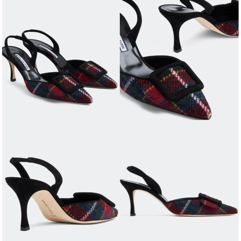 MANOLO BLAHNIK Maysale Red & Green Plaid Slingback Stiletto Sandals Size… - Picture 3 of 12